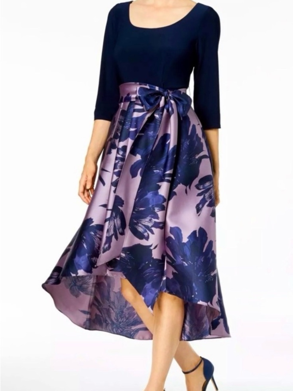R&M Richards Navy and Lavender Floral High-Low Satin Skirt